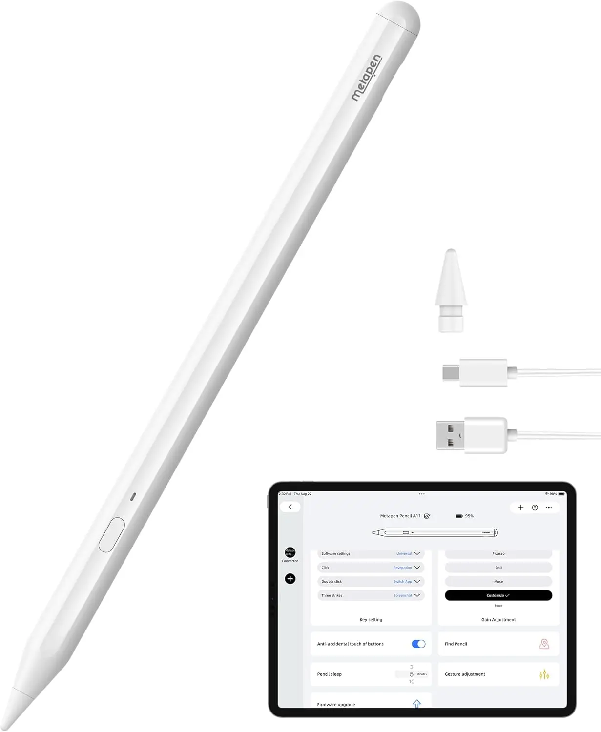 Metapen A11 iPad Pencil A16 Fast Charge Stylus Pen for iPad 2018-2026 with Palm Rejection, Apple Pencil Compatible for iPad Pro/Air/Mini 5/6,Magnetic,High Precision