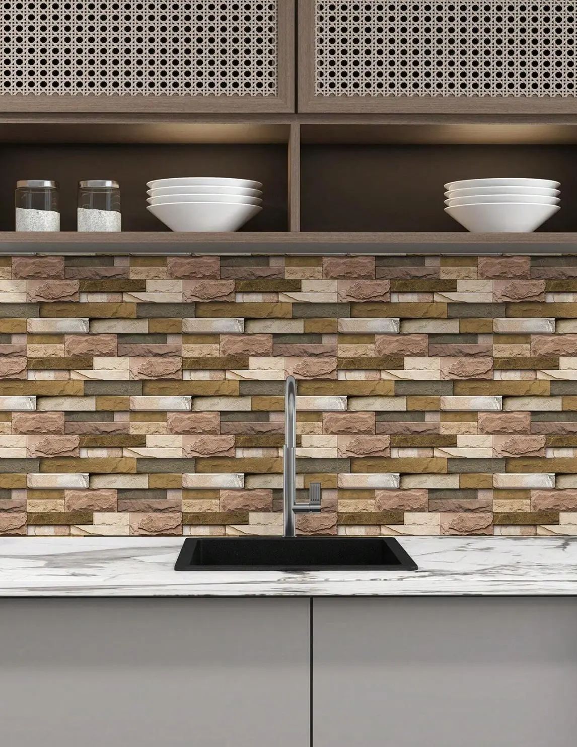 12/24Pcs Brown Marble Brick Backsplash Stickers, Vinyl Peel and Stick Wall Tiles, Waterproof, Oil & Heat Resistant Self-Adhesive Wallpaper for Kitchen Wall Decor, Size 5.91 x 11.81 Inches