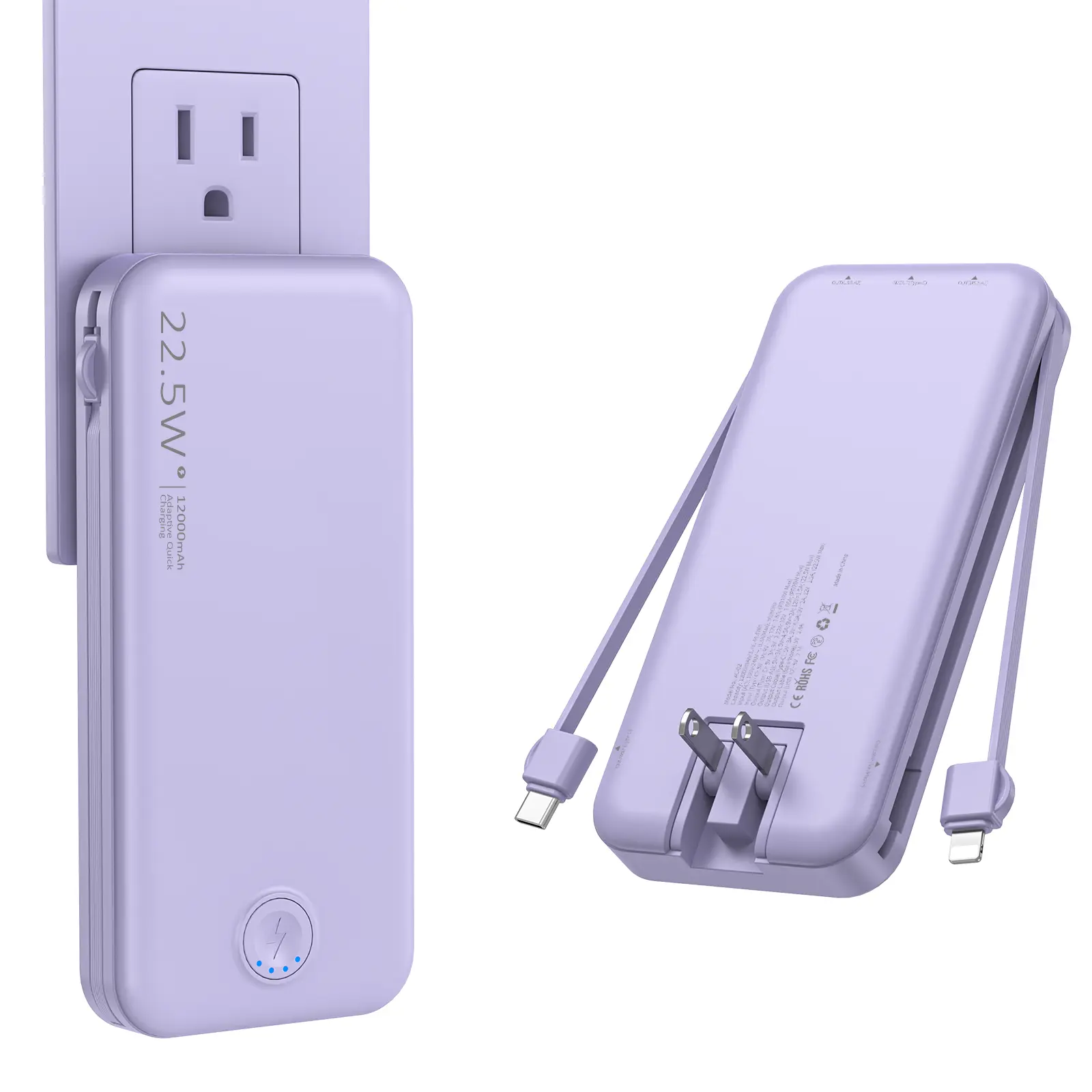 12000mAh Compact Portable Charger for Smartphones, Travel Gadgets, EDC Gear, Devices - Built-in Cables, Foldable Wall Plug, Slim Fast Charging, USB-C Mobile Business Power Bank tiktokshopbacktoschool