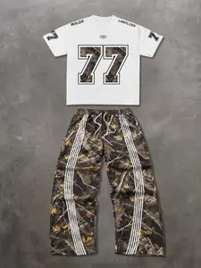 Trendy Streetwear Casual Short-Sleeve Long Pants Set, Oversized Leopard Print Sweatpants, Loose-Fitting O-Type, Fall & Winter Fashion