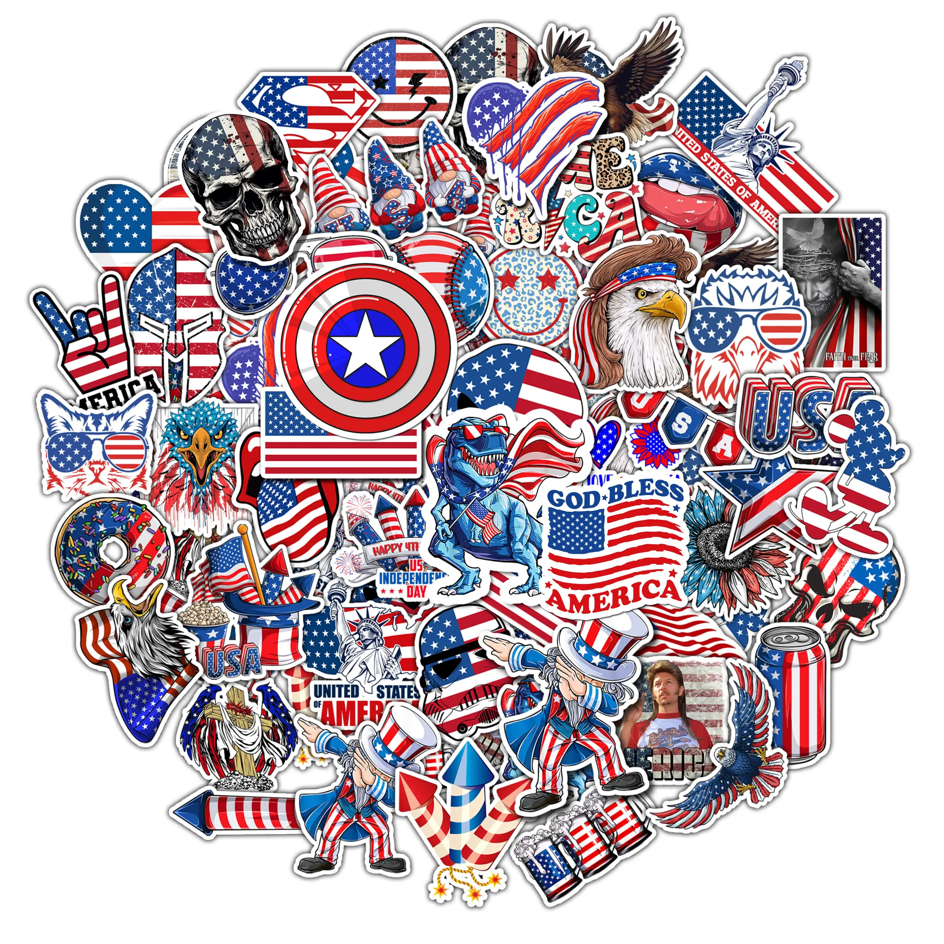 50PCS American Patriotic Portable Stickers Pack, Waterproof Vinyl USA Decals for Water Bottle, Laptop, Car - Eagle Flag Heart 4th of July Independence Day Scrapbooking DIY Sticker Set
