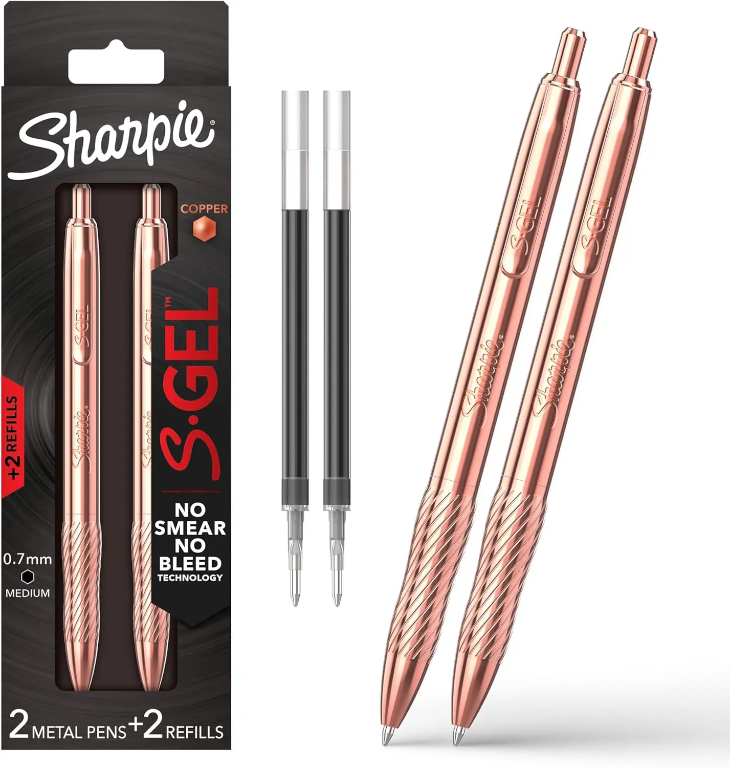 Sharpie S-Gel Replaceable Ink Pen Set - Copper Metal Body, Medium Tip (0.7mm), Black Bold Ink, 2 Pens, Contoured Grip, 2 Bonus Refills, 95% Reliability, No Bleed, No Smear, Clean Writing