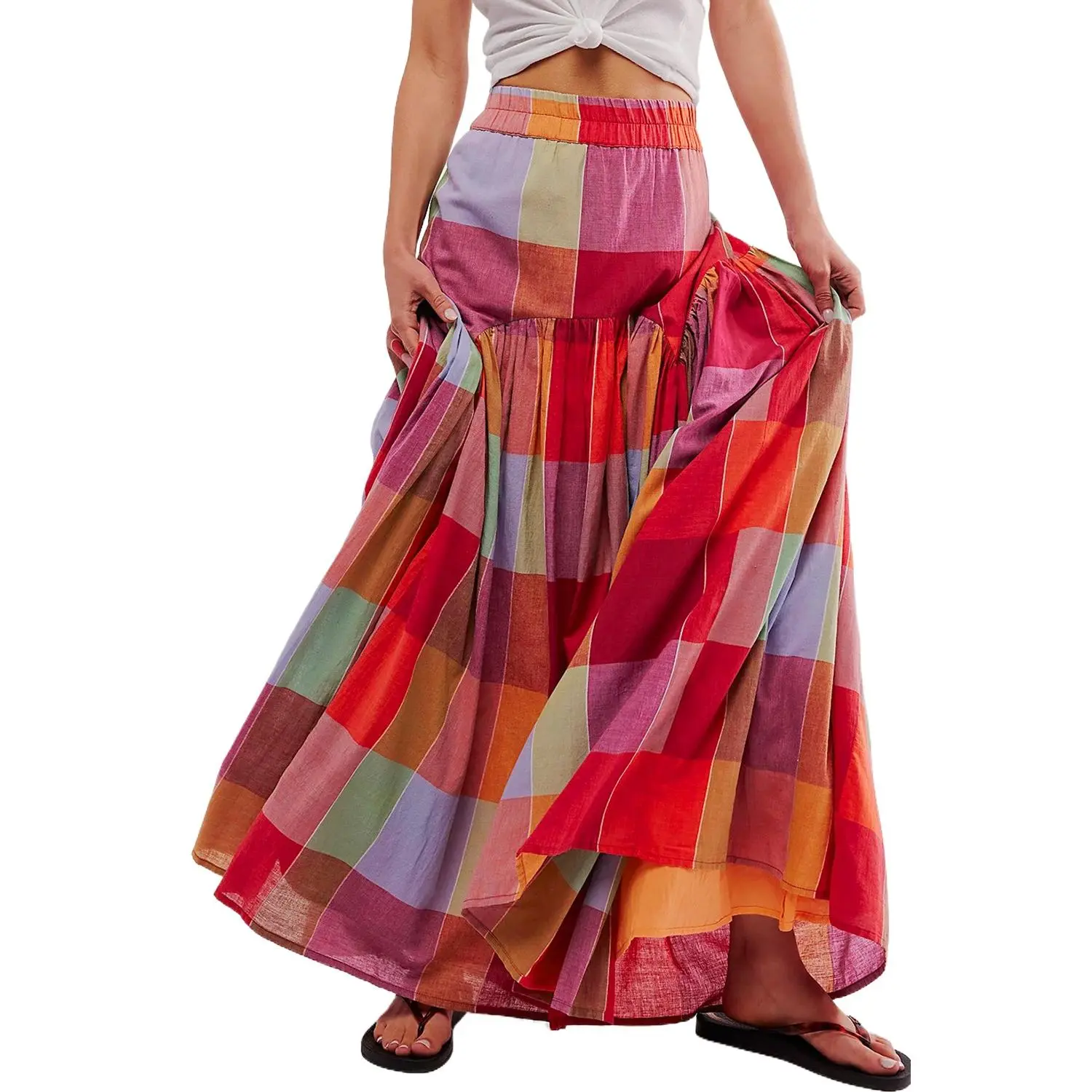 Women's Multicolour Plaid Print Ruched High Waist Casual Maxi Skirt Outfit Womenswear Bottoms Polyester
