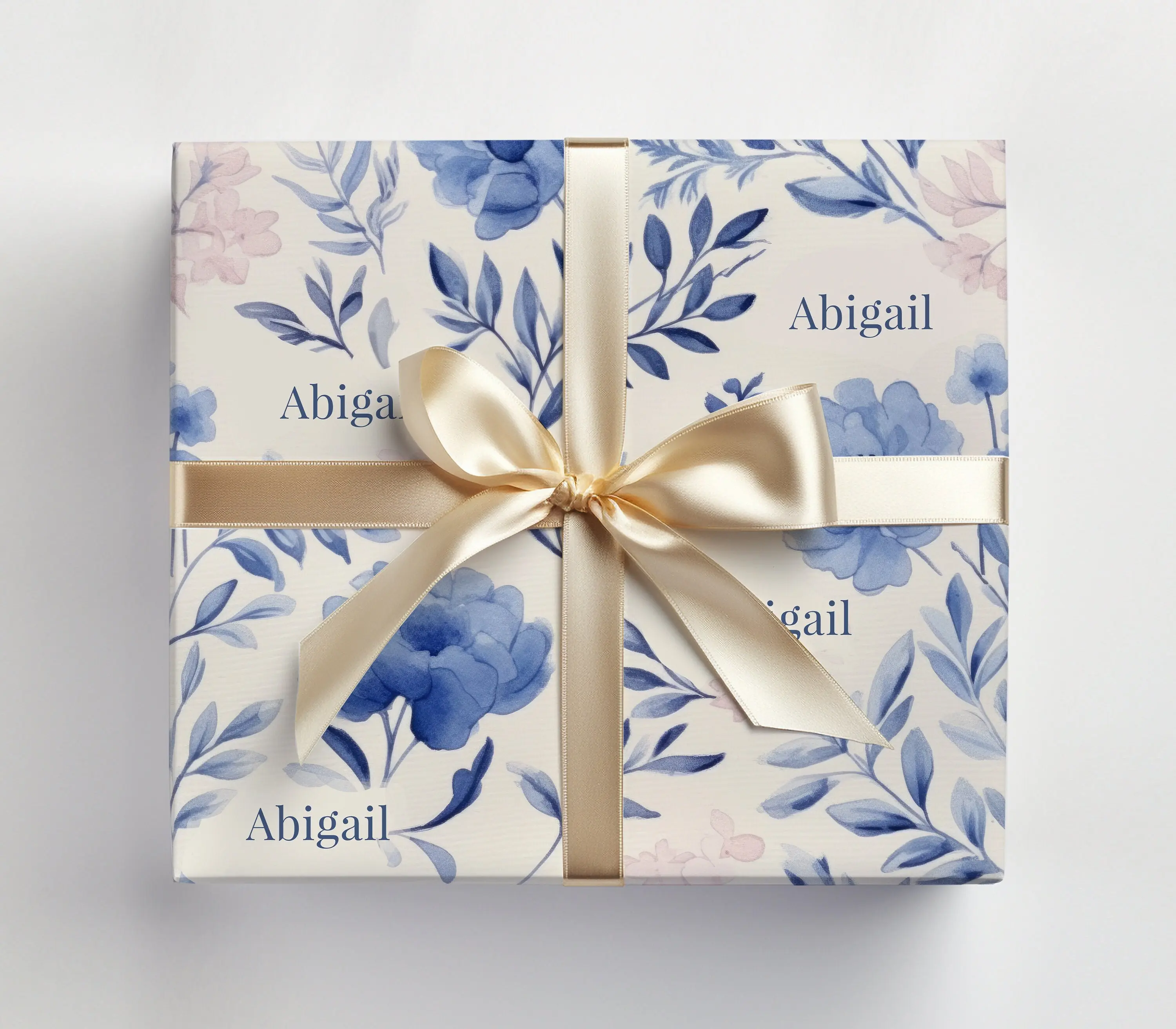 Modern Watercolor Chinoiserie Wrapping Paper Roll With Name, Customized Name Chinoiserie Wrapping Paper, Blue Chinese Floral Design