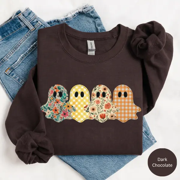 Spooky Season Ghost Sweatshirt or T-Shirt, Vintage Floral Faux Patchwork Graphic Tee, Preppy Pumpkin Halloween Shirt