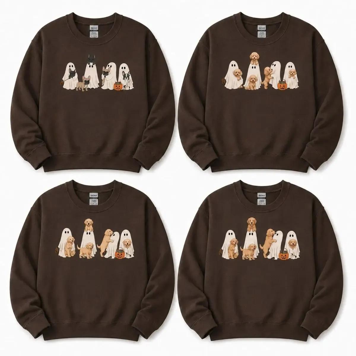 Custom Dog Breeds Halloween Ghost Sweatshirt, Cute Dog Mom Dog Dad Gift, Personalized Spooky Fall Crewneck for Men Women