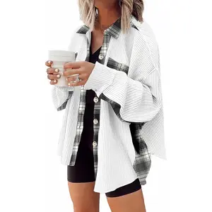 Womens Waffle Knit Plaid Shacket Boyfriend Button Down Shirt Jacket Loose Long Sleeve Tops