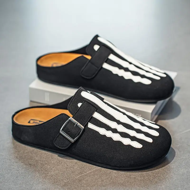 Baotou Boodles Women's Casual Suede Slip-On Flats - PU PVC Ankle Shoes with Skeleton Stripe Pattern, Round Toe, Everyday Comfort Black Mules