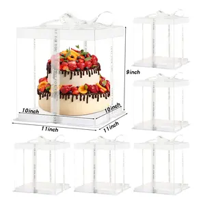 6Pcs Multi-Layer cake box，Large Cake PET Clear Box, 10" X 10" X 9" with ribbon and pre-folded lid, for 8" cake packing , baking cookie display, Carry Tall Layer box, Festive Gift Box -White Lid Bakeware Transparent Sturdy Utensils Board Handmade