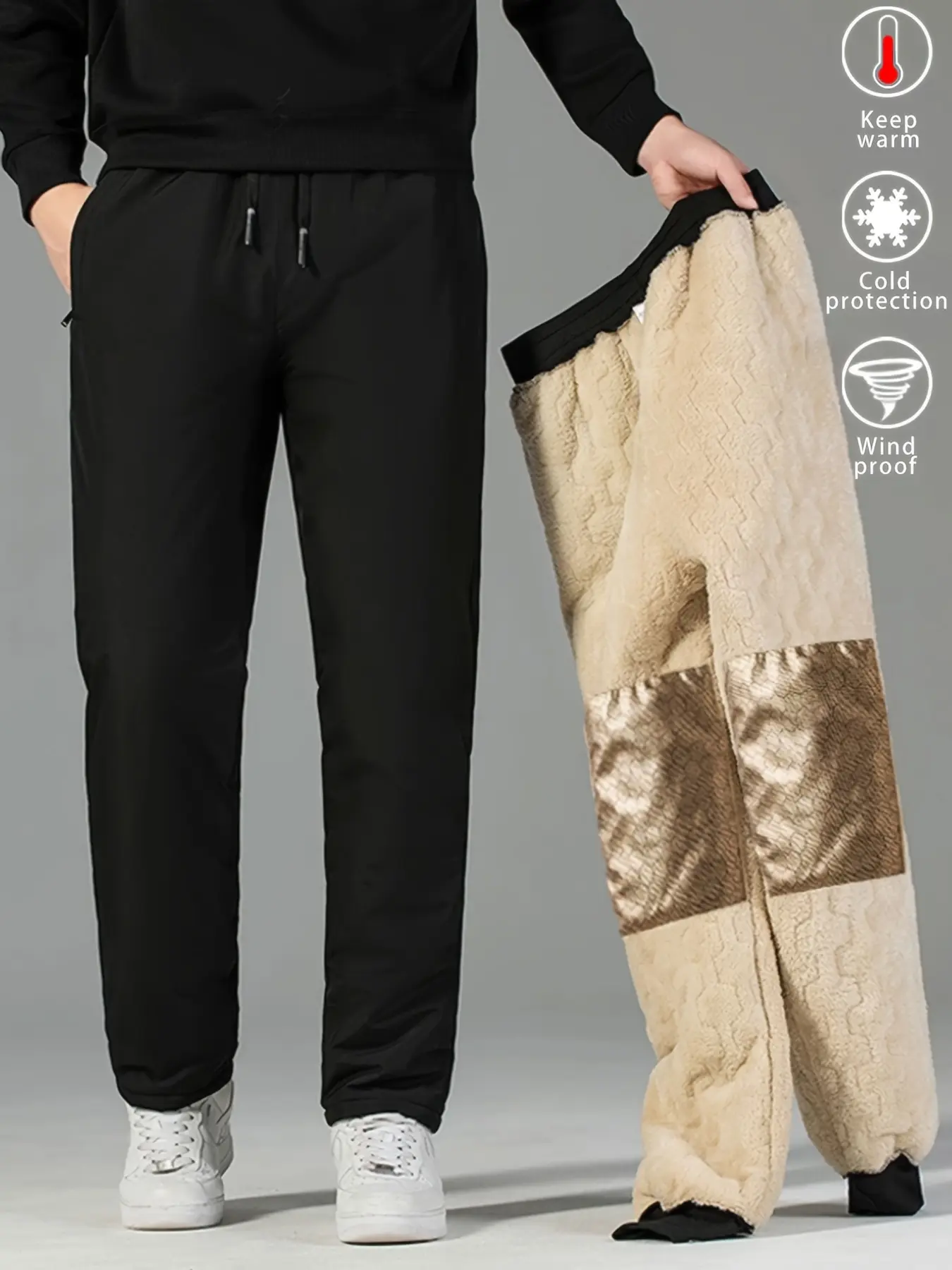 2 Pack Graphene Heated Softshell Pants for Men and Women Waterproof, Windproof, Thermal Fleece Lined, Extra Warm Winter Cotton Pants with Elastic Cuffs Casual Straight Leg Trousers for Seniors and Dad Menswear Beige