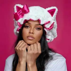 Cute New Arrivial Kitte Ear Red Plush Sleep Bonnet with Satin Lining Adjustable Double Layer Heatless Hair Care Cap for Women & Girls