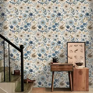Elegant Blue Floral Peel-and-Stick Wallpaper - Waterproof, Removable Vinyl Contact Paper with French Style Design for Bedroom, Living Room, Interior Walls, Cabinets & Furniture Makeover, 44cm/17.32ft Lengths Available, Wallpaper Roll, Bedroom Wall Decor