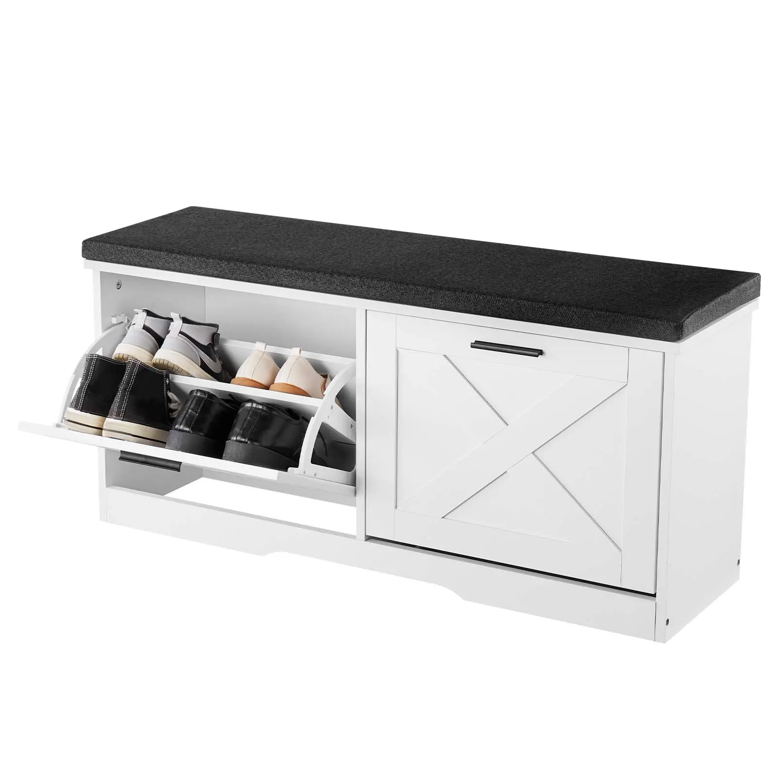 VEVOR Entryway Narrow Frame Heavy-Duty Shoe Storage Bench Cabinet, 39.4x12.0x18.7in Organizer with Expandable Flip Drawers, Slide-Smooth Rails, Cushion & Flip Doors, 440lbs Capacity, for Hallway, Bedroom, Black+White#BacktoSchool