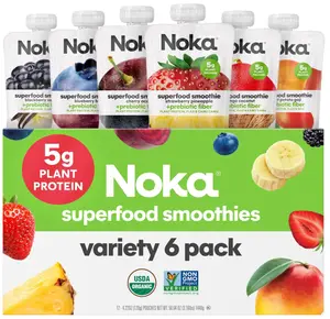Noka Superfood Fruit Smoothie Pouches Variety Pack, Healthy Snacks with Flax Seed, Plant Protein and Prebiotic Fiber, Vegan and Gluten Free Snacks, Made in USA, Organic Squeeze Pouch, 4.22 oz, 6 Count