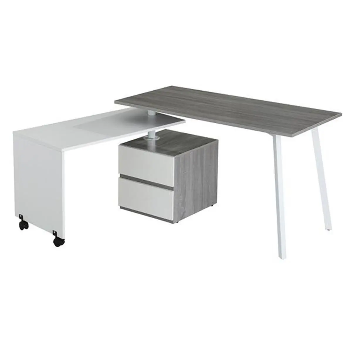 Techni Mobili Modern Rotating Multi-Positional Office Desk - Gray, 3 Customizable Desk Positions, 30" H X 58" W X 48.25" D, 2-Drawer Cabinet, Rolling Caster-Equipped Side Table, 106 lbs Space-Saving Workstation Setup