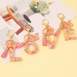 DIY 26 Alphabet Letters Keychain Kit with Pink Tassel & Butterfly Charms,Bag Charms for Girls, Phone Purse Pencil Case Decor, Handmade Party Gift Accessories, Keychain Set