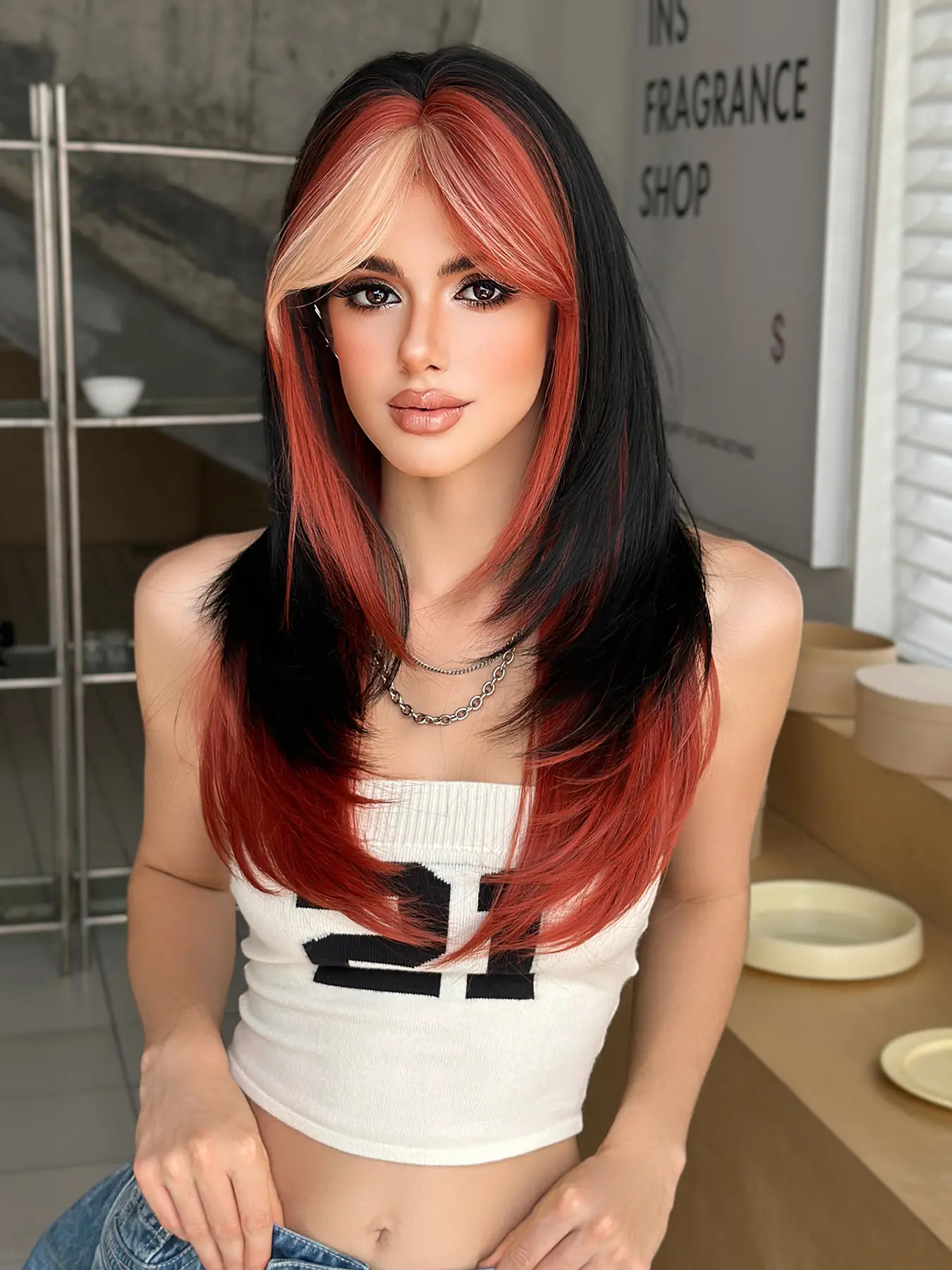 24 Inch BlackHighlight Orange and peach Long Straight Wigs for Women, Gorgeous Fluffy Wigs, Synthetic Full Machine Wigs for Party, Daily Use, Glueless Straight Wig, Glueless Hair Wig, Fashion Fluffy Wigs, Synthetic Material Wigs