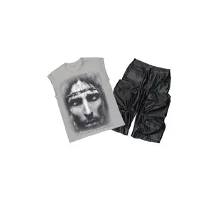Ace Grey/Black Cut Sleeve Tee & Lenz Pu Leather Short Set