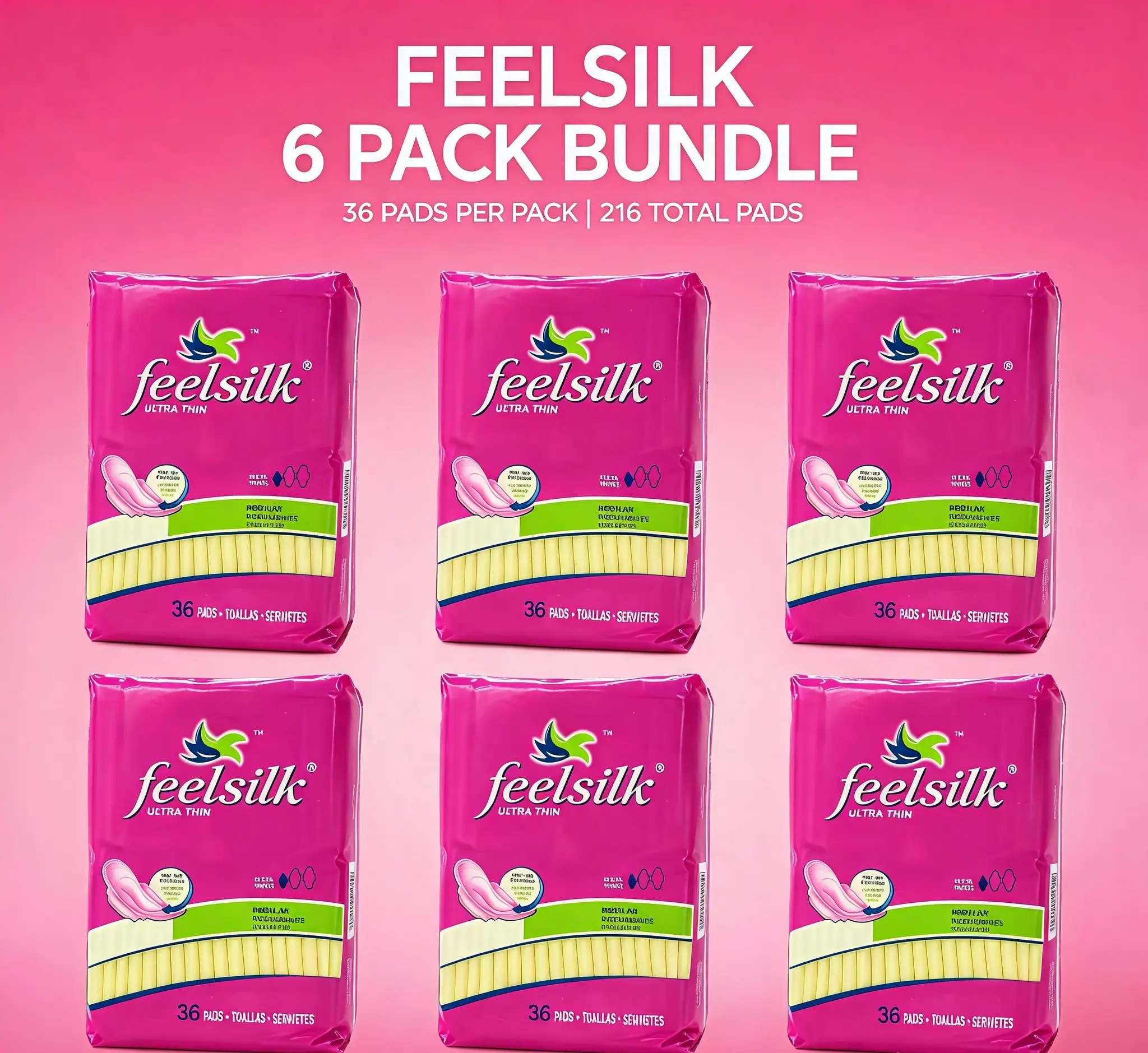 6 Pack Feelsilk Ultra Thin Period Pads Bundle, Bulk Value Sanitary Napkins Multipack, Breathable Leak Resistant Feminine Pads, Comfort Ultra Thin Menstrual Napkins for Daily Feminine Care, 216 Count Total