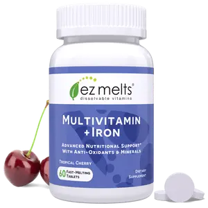 EZ Melts - Fast-Melting Multivitamin + Iron - Daily Multivitamin for Women & Men - Supports Healthy Energy Levels & Antioxidant Protection - Non-GMO & Vegan - Tropical Cherry - 60 Tablets (30 Servings)