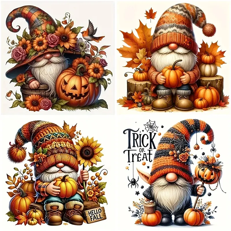 4pcs Halloween Dwarf Gnome Pumpkin Diamond Painting Kit, Adult Engaging Art Craft Set, DIY Crafting 5D Round Drill Home Wall Seasonal Decorations, Beginner Friendly