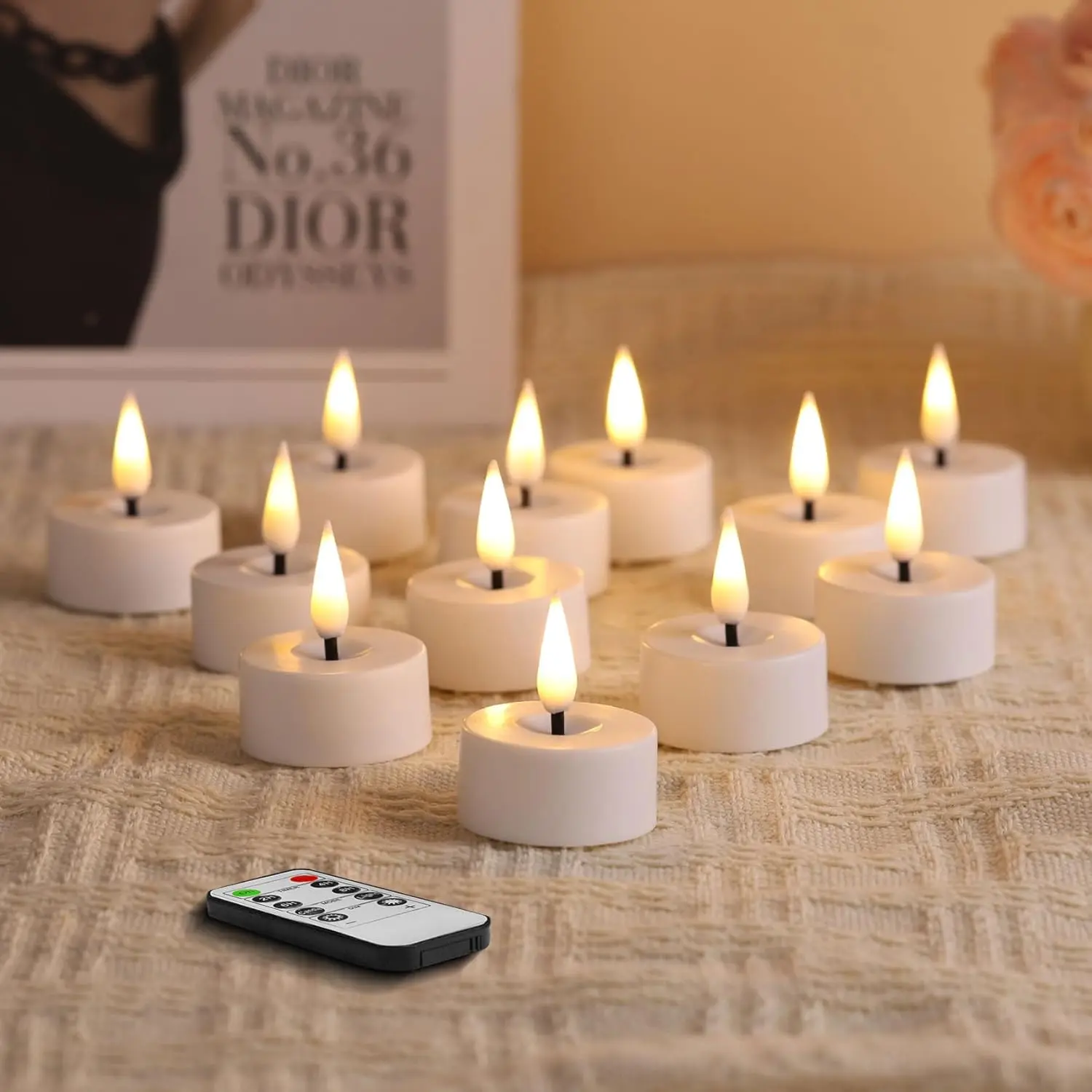 12-Pack White LED Flameless Tealights - Remote-Controlled Electric Votive Candles with Batteries for Home Decor, Indoor Festive & Party Supplies