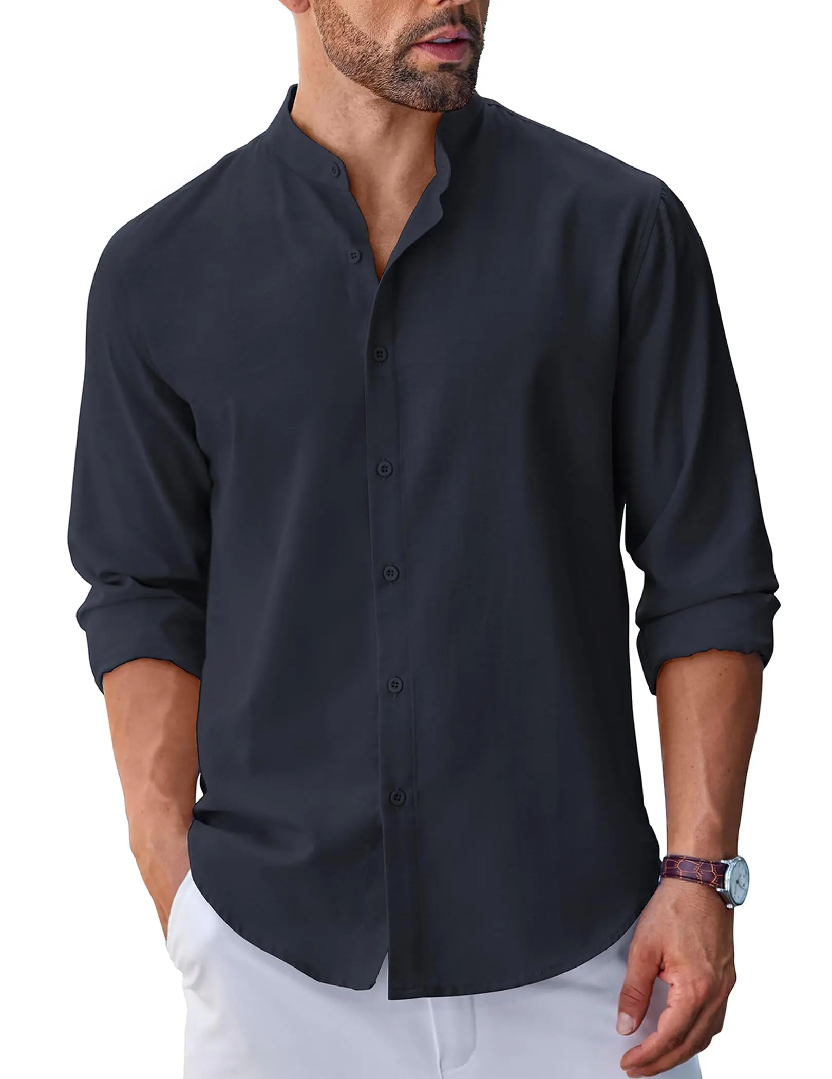 COOFANDY Men's Long Sleeve Oxford Dress Shirts Chambray Button Down Shirt Casual Band Collar Shirts