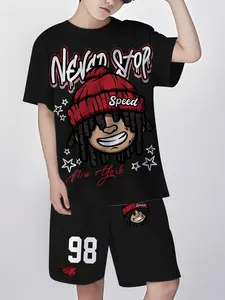 Boys Hip Hop Cartoon Print Set, Cool Short Sleeve Shorts Two-Piece Set, Casual Loose-Fitting, Summer Fashion