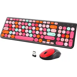 P-KBB09   Wireless Keyboard and Mouse Combo, Retro Typewriter Keyboard with Round Keycaps, 2.4GHz USB Cute Wireless Keyboard Mouse for Computer, Desktop, Laptop and Computer (Black-Colorful)