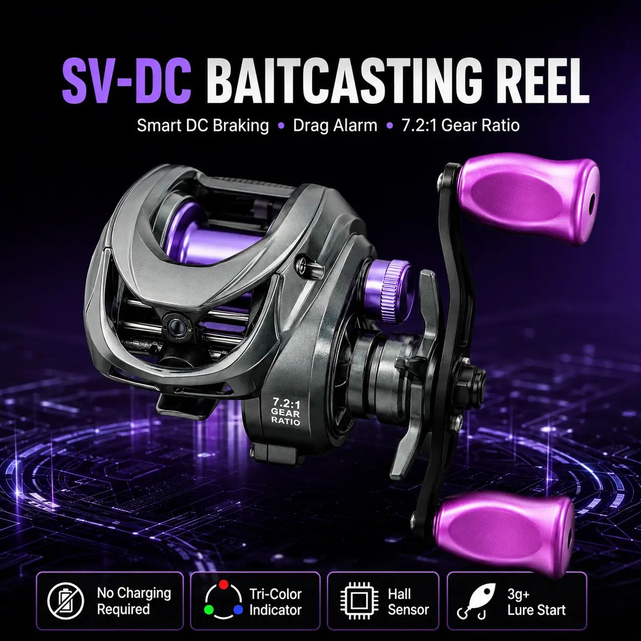 TRONMER SV-DC Smart DC Baitcasting Reel - Lightweight 7.2:1 Gears Fishing Reel with Hall Sensor Electronic Brake, Anti-Backlash System, Drag Alarm for Freshwater Bass Lure Fishing