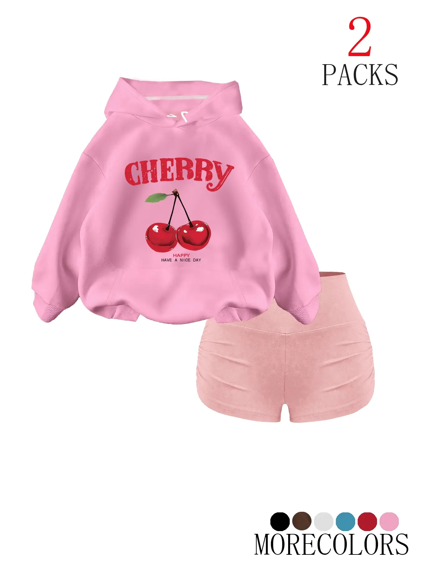 Women's Fall Winter Hooded Drawstring Funny Casual Warm Graphic Sweatshirt Set, Casual Loose Fit Cherry Print Pullover, Fashion Pocket Design, 2 Piece