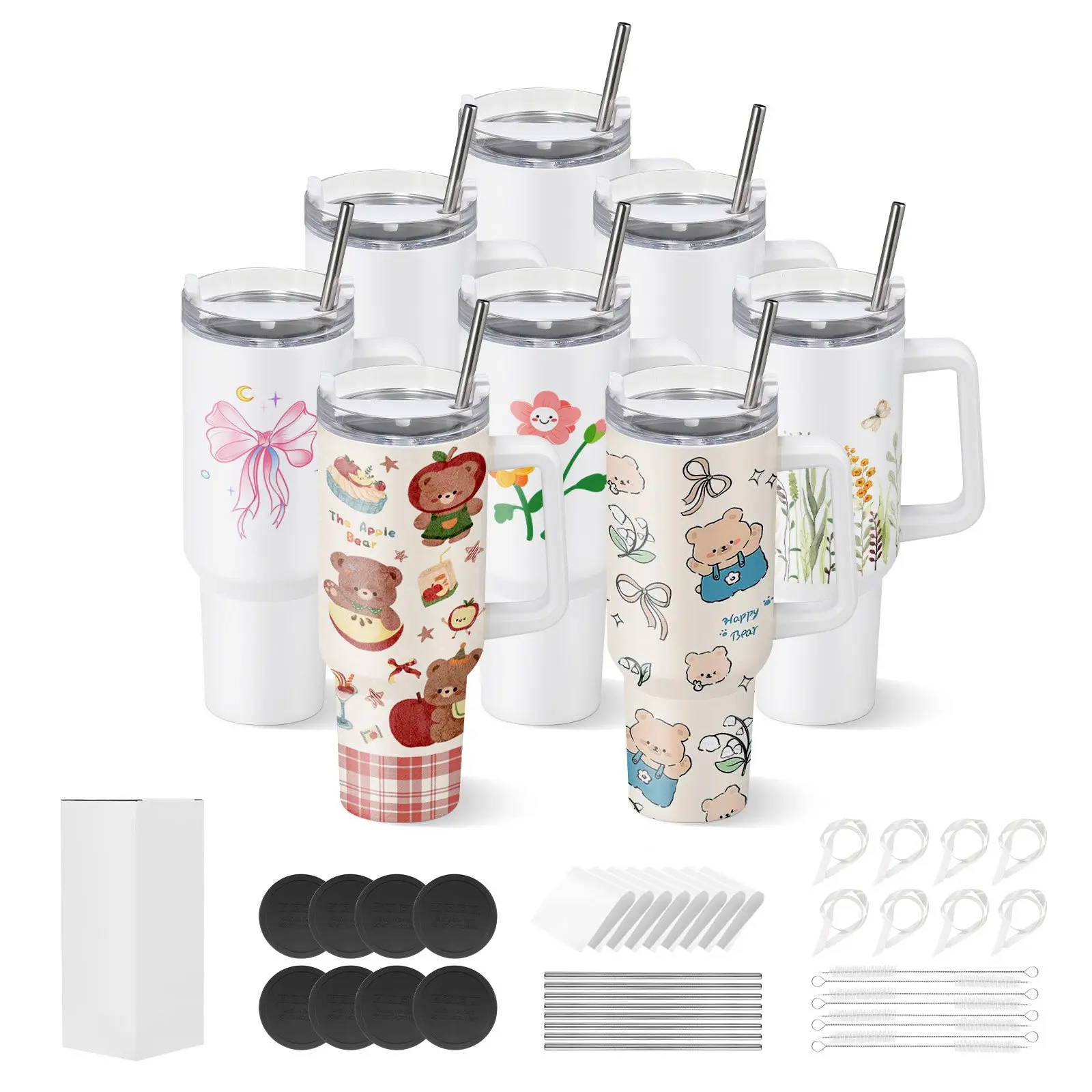 VEVOR Sublimation Tumblers, 8-Pack, 40 oz Tumblers Bulk with Handle, Stainless Steel Sublimation Cups with Lids and Straws, Double Wall Insulated Tumbler Blank, for DIY Personalized Customization, Water Bottles