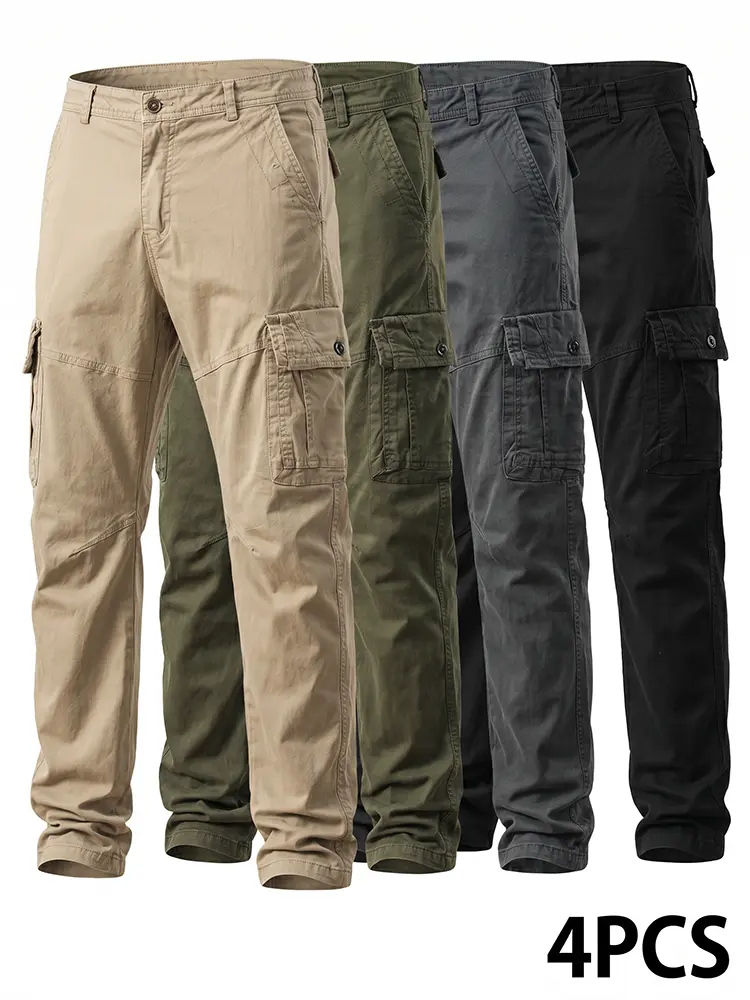 4-Pack Men’s Cargo Pants – Straight, Slim Fit, Multiple Pockets – Tactical Design for Construction, Hunting, Hiking, Camping – Machine Washable – Suitable for Outdoor Activities