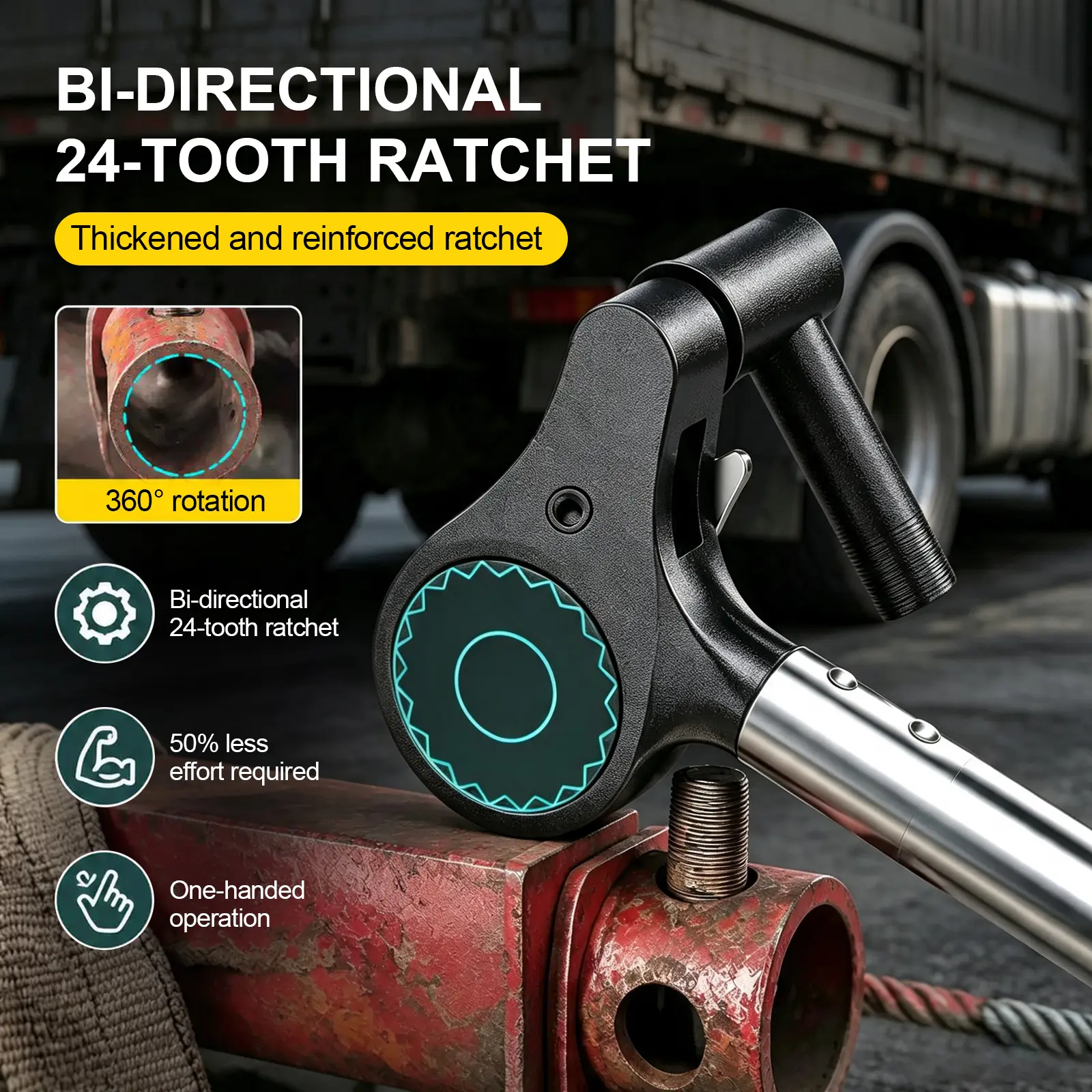 24-Inch Heavy-Duty Ratchet Cargo Winch Tensioner Wrench, 24-Tooth Bi-Directional Ratchet, 1-Hand Operation Tool for Flatbed Truck Trailer Strap Tie-Downs