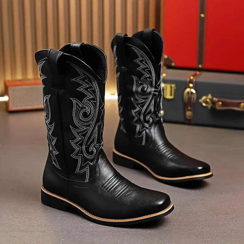 Men's Retro Western Cowboy Boots with Intricate Embroidery, High Shaft Footwear for Outdoor Sports & Outdoor Activities, Shoe