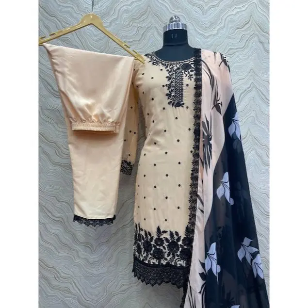 Beige Pakistan Suit With Embroidery Work For Women Designer Salwar Suits Readymade Stitched Salwar Kameez Indian Wedding Wear Faux Georgette Crepe Digital Print Lace Border