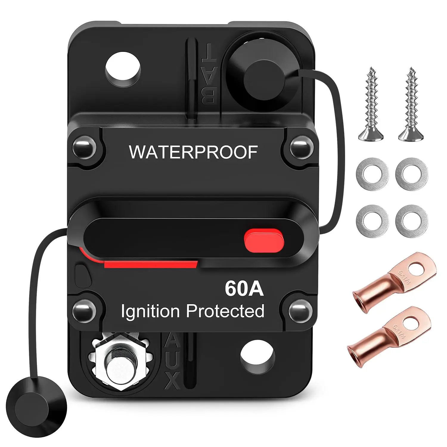 Nilight 60A Resettable Circuit Breaker - 12-48V DC Manual Reset, Surface Mount, Overload Protection w/2 Hex Screws, 2 Wire Lugs - for Car Audio Amplifier, RV, Boat, ATV, Transportation Equipment - 2-Year Warranty, Marine, Reset Button, Complete Kit