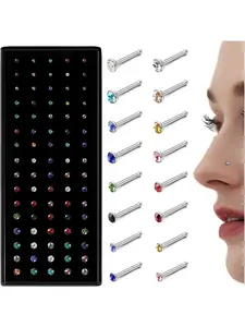 80 Pcs Colorful Silvery Mini Nose Studs, Nose Rings for Women Men Unisex Rhinestone Piercing Jewelry 303 Stainless Steel Sturdy Durable Daily Use Practical Style Straight L-shaped Stable Fitting Versatile Wearing Tiny Sparkling Design