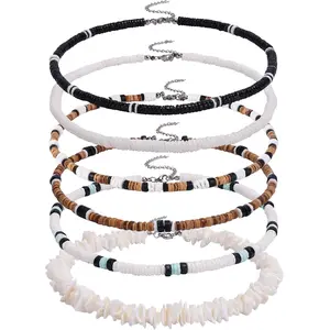 Kuzzoi 6Pcs Hawaiian Seashell Necklace Set - Men's White Puka Shell Necklaces with Coconut Beads, Alloy Clasps, Extension Chains, Summer Beach Surfer Choker, Beachwear Jewelry