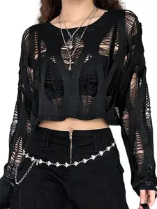 Gothic Style Hollow Out Top, High Waist Shoulder Reveal Fishnet Mesh Cardigan, Unique Design Fitted Long Sleeve Knitwear for Concerts, Sports, Daily Commute Womenswear Knitting