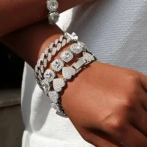 4pcs Cuban Chain & Tennis Bracelet Set - Interlocking Link Layered Jewelry with Heart & Square Bezel Settings, Square Bezel & Heart-Cut Rhinestone Accents - Heavy-Duty Interlocking Links for Men & Women