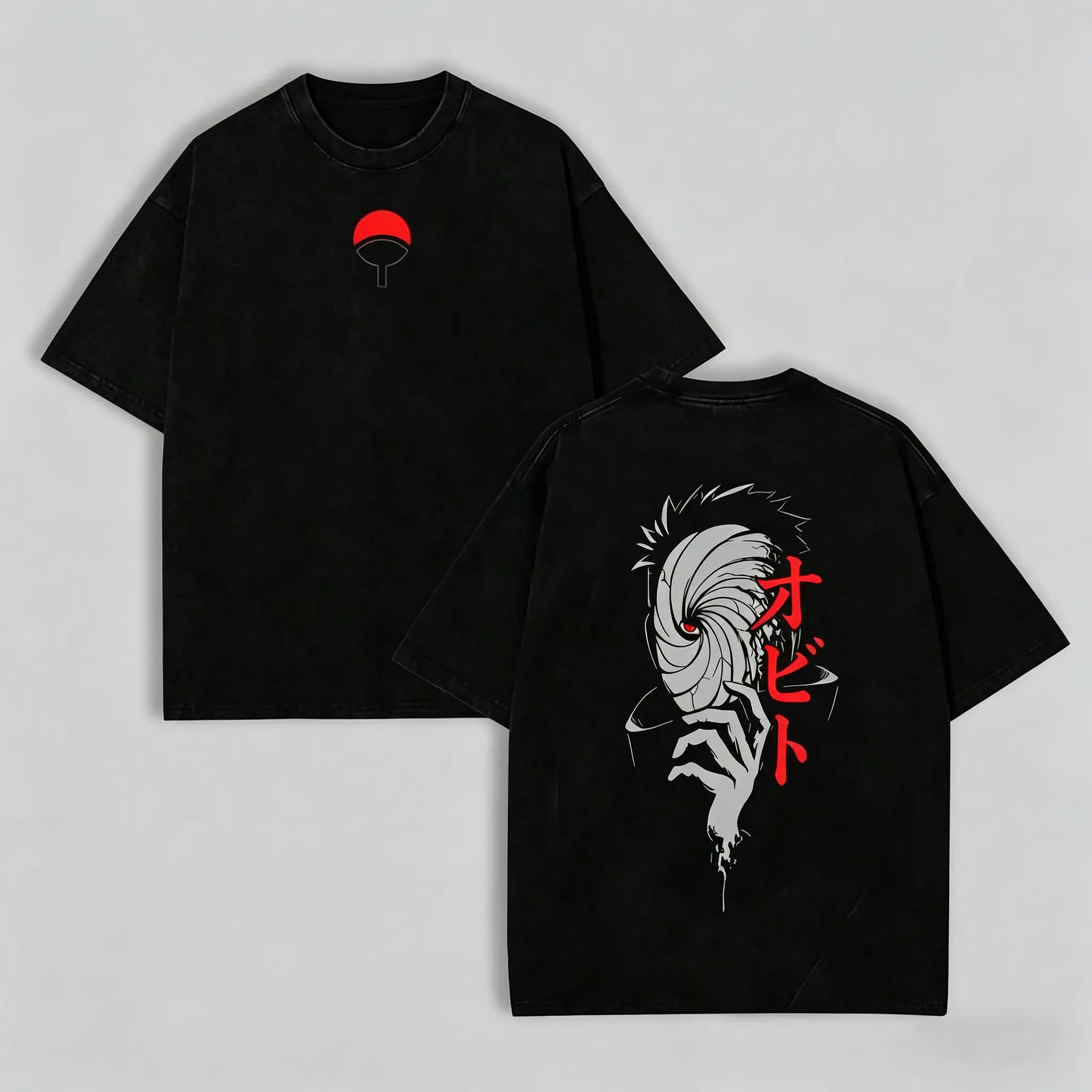 Men's Retro Graphic T-Shirt, Oversized Washed Cotton Short Sleeve Streetwear Top with Naruto Akatsuki Uchiha Clan Symbol, Tee, Vintage, Tshirt, Shortsleeve, Distressed, Menswear, Fashion, Casual, Akatsuki Clan, Anime Graphic