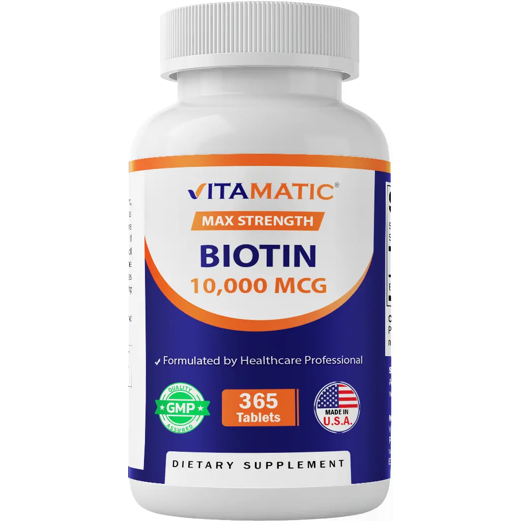 Vitamatic High Potency Biotin Dietary Supplement - 10,000 mcg (10 mg) Unflavored, No Preservatives, 365 Vegan Tablets, US-Made Vitamin B7 for Stronger Hair, Skin, Nails, High Potency Supplement