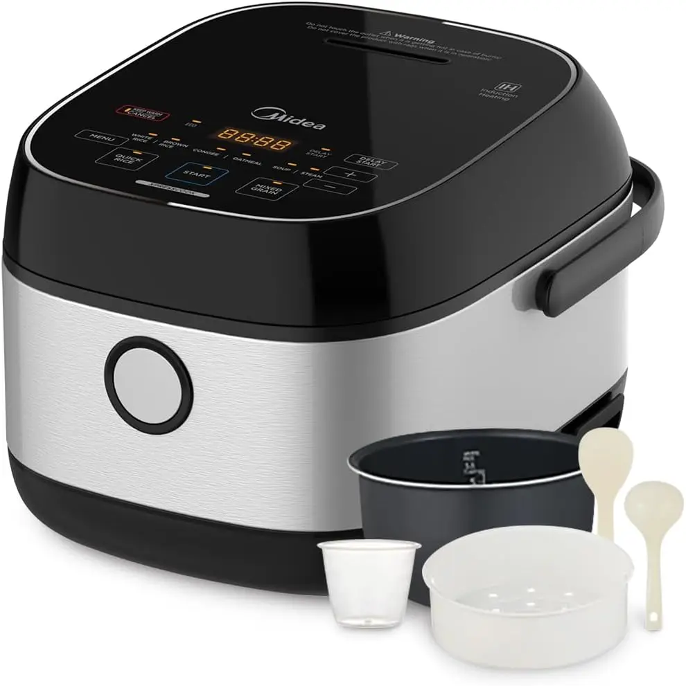 Midea 3L Rice Cooker with Steamer Basket, 6-Cup Uncooked Capacity, Induction Heating & Fuzzy Logic Technology, 24h Delay Start & Keep Warm, Non-Stick Inner Pot