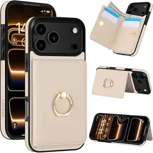for iPhone 17 Pro Max Case Wallet with Card Holder, 360° Rotation Ring, RFID Blocking, 5 Card Slots, PU Leather 6.9" Cover for Apple 17 Pro Max Men Women, Beige Protection Protective