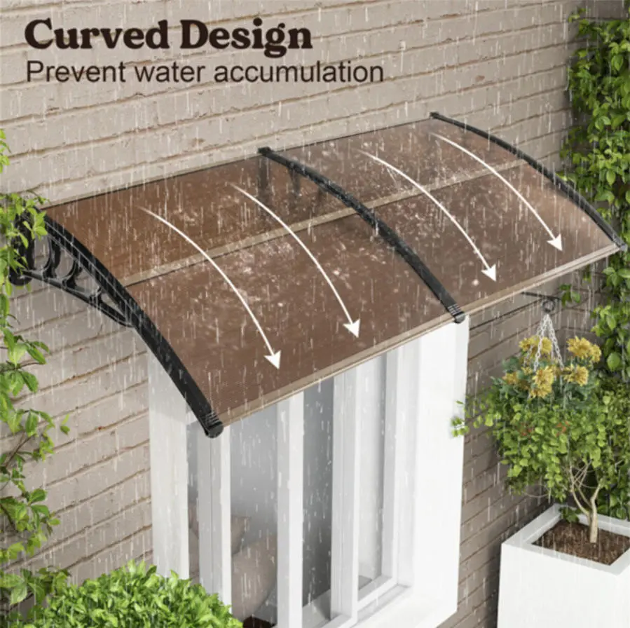 40x80 in Brown Curved Polycarbonate Outdoor Canopy Shelter - Durable, Waterproof All-Weather Resistant Awning with Black Brackets for Windows & Doors, Home Supplies Rain Cloth Accessory