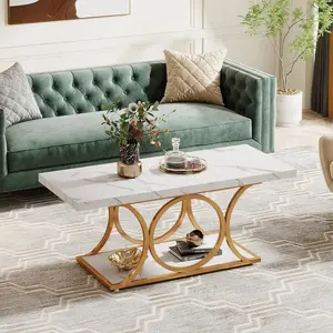 212 MAIN Modern 2-Tier Rectangular Contemporary Faux Marble Wood Coffee Table - 47.24in, Waterproof Faux Marble Tabletop, Geometric Metal Base, Easy Setup, White & Gold Accent Table (TB-C0848), Contemporary Coffee Table