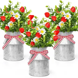 3 Pack Strawberry Mason Jar Table Centerpiece Artificial Fake Strawberry Daisy Plants with Faux Leaves for Summer Farmhouse Wedding Decor Tiered Tray Tabletop Display