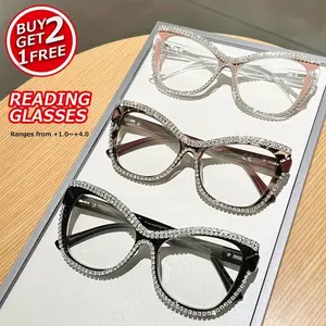 3PCS New Women's Stylish Retro Square Cat-Eye Reading Glasses with Diamond Accents, Light Luxury PC Material, Frame Construction, +1.0 to +4.0 Strengths, Lightweight & Durable, Ideal for Daily Book Reading and Computer Office Use