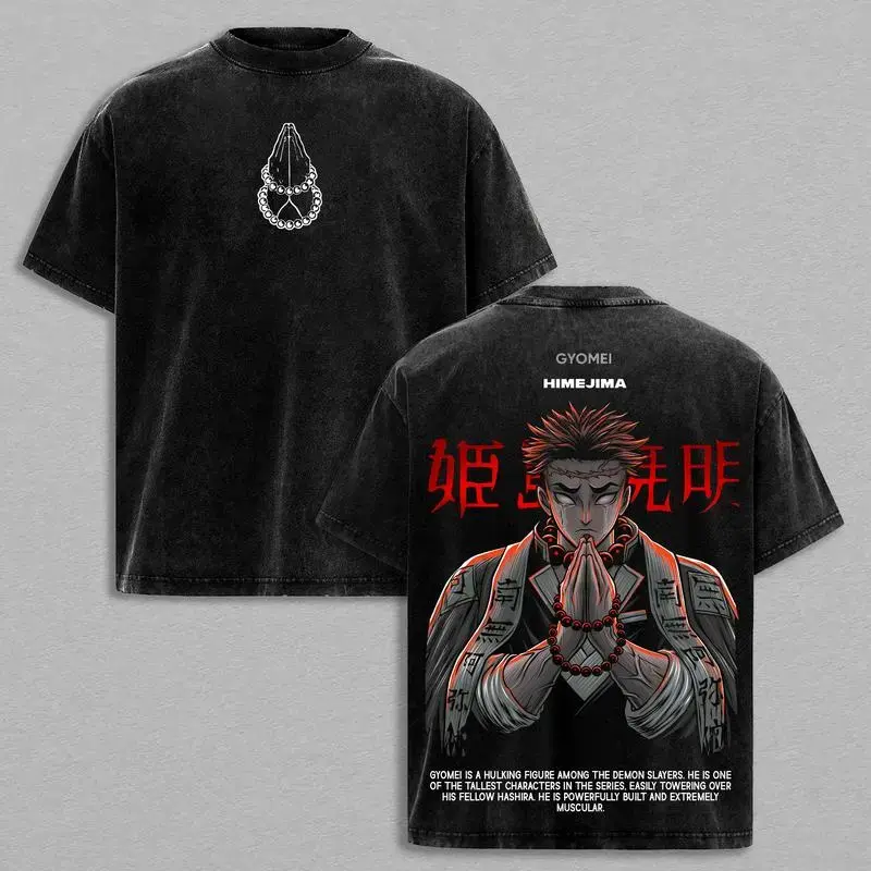 Men's Gyomei Himejima Demon Slayer Graphic Tee - Unisex Baggy Oversized Relaxed Fit Short-Sleeve Seamless Retro Anime Tops, Vintage Washed Heavyweight Soft Cotton Classic Tee, Round Neck, Menswear Streetwear Casual, Unbeatable Prices